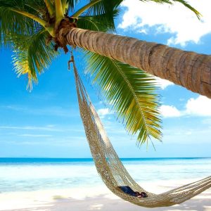 Beaches, coconut trees, hammocks, blue sea sky scenery