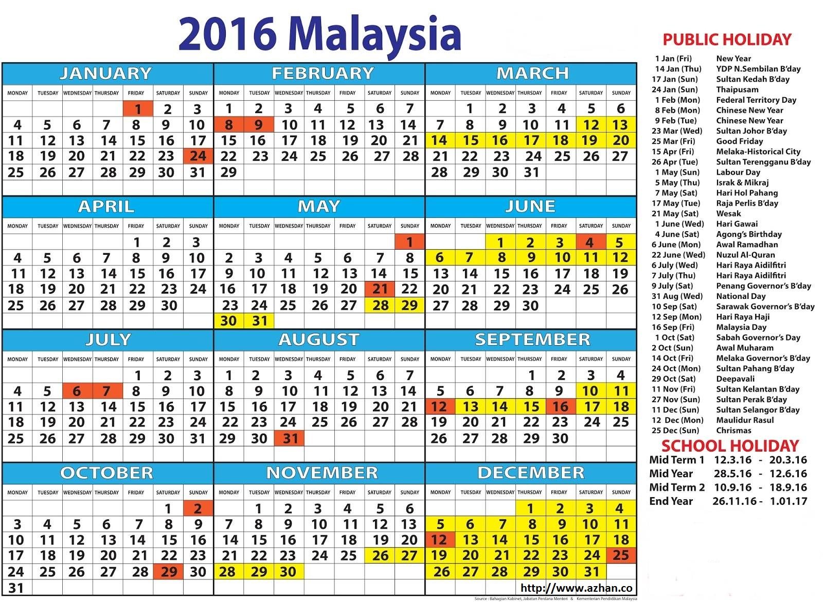 Kalendar cuti umum dan cuti sekolah tahun 2016