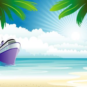 Ship, boat coconut tree beach vector