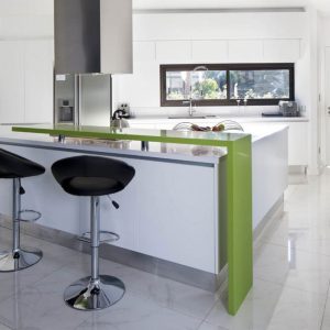 Black Stool, White Counter and Green Bar inside Small Modern Kitchen Design Ideas