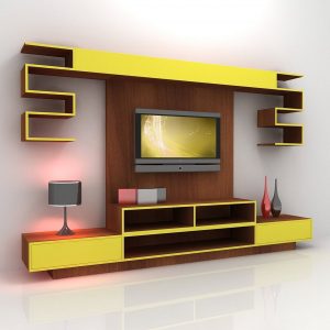 Yellow Modern And Futuristic TV Console Design With Wall Mounted TV