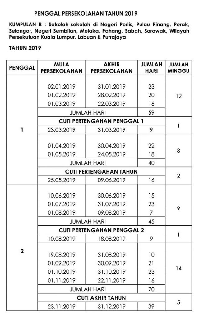 Takwim Persekolahan Sesi 2019 Azhan.co