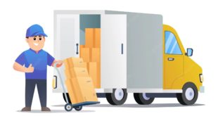 Cute Courier Delivery Packages With Trolley Truck Cartoon