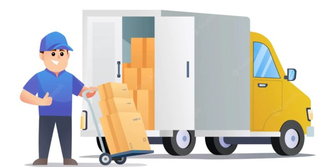 Cute Courier Delivery Packages With Trolley Truck Cartoon